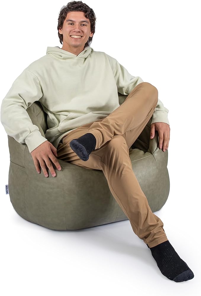 Big Joe Milano w/Vibe Vibrating Massage Bean Bag Chair for Kids, Teens, Adults, Olive Green, Vegan Leather, Lightweight Seat for Reading Nook and Gaming 2.5 Foot Refillable
