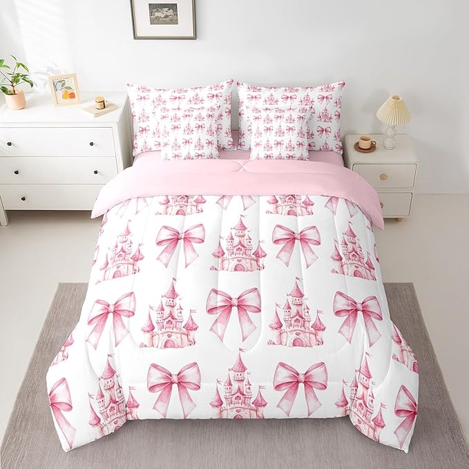 7 Pieces Pink Bowknot Kids Comforter Full,Castle Tale Princess Toddler Bedding Set,Bow Tie Butterfly Knot Girlish Romantic Fashion（Comforter+Fitted+Flat Sheet+2 Pillowcases+2 Throw Pillow Covers）