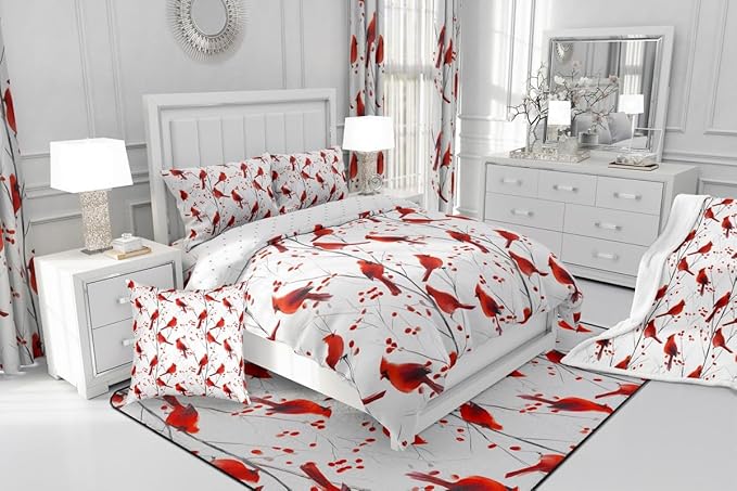 Feelyou Berries and Cardinals Pattern Comforter Set All Season Red Cardinal Bedding Set with 2 Pillow Cases Christmas Kids King Bedclothes Bird Print Decor Animal Decor Duvet Quilt Soft Lightweight