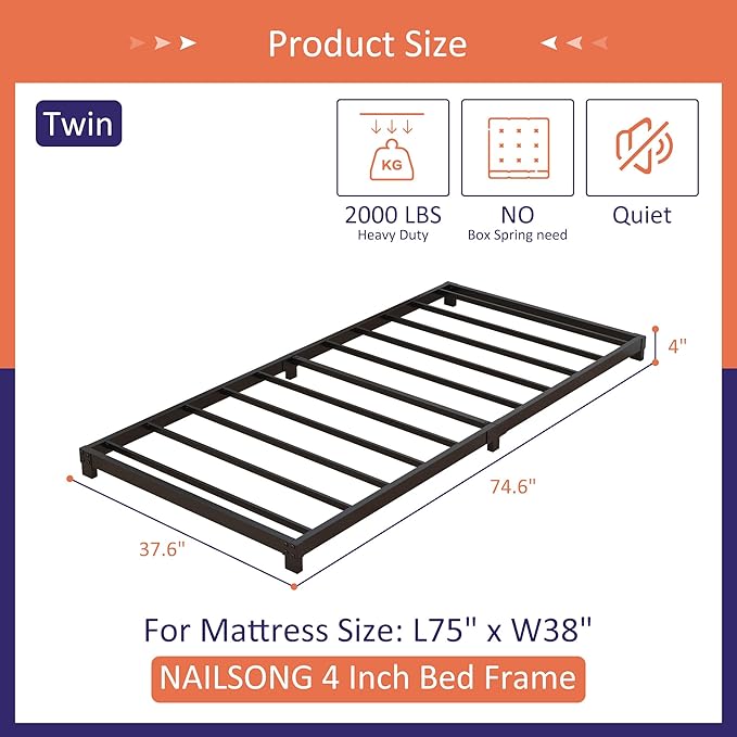 4 Inch Twin Bed Frames Low Profile, Twin Platform Bed Frame No Box Spring Needed, Heavy Duty Metal, Easy Assembly, Black