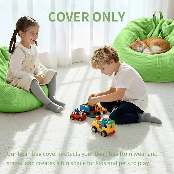 Nobildonna 3 ft Bean Bag Chair Cover (No Filler) 35"×43" Large Stuffed Animal Storage Bean Bag Washable Big Beanbag Chair Cover Premium Corduroy Bean Bag Cover for Adults,Kids,Fruit Green 300L