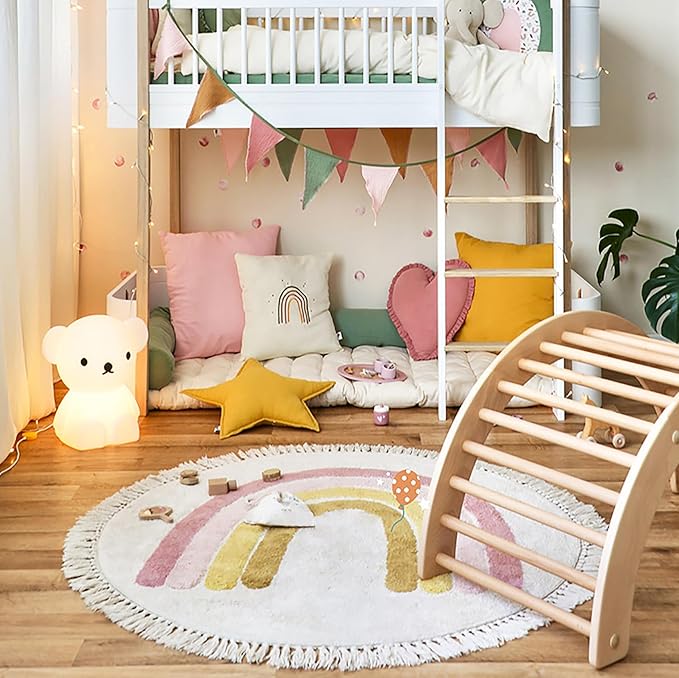 Rainbow Tassels Soft Area Rug for Girls Kids Room Washable Artificial Wool Bedroom Living Room, Kid Round Carpet Rainbow Pattern, Non-Slip Indoor Floor Carpet Home Decor, 5 Feet