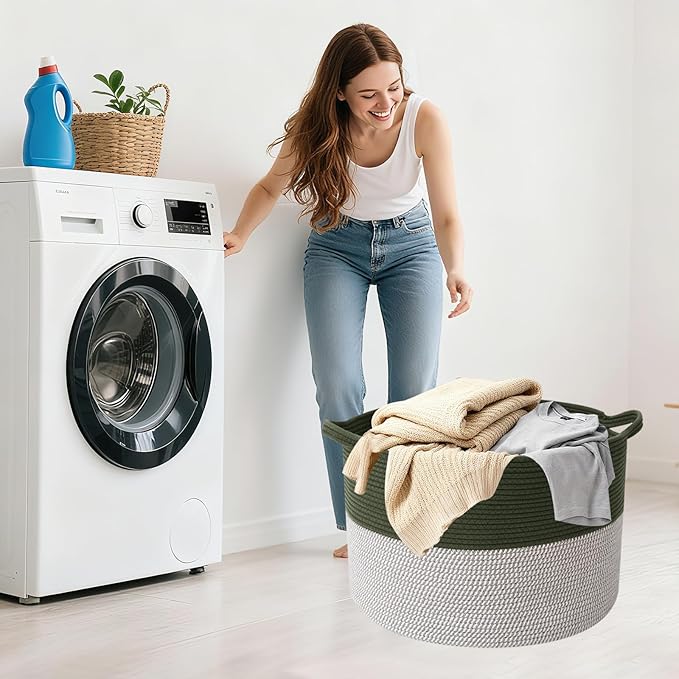 Large Blanket Basket for Organizing,115L Closet Organizers and Storage Bins Box for Shelves Woven Rope Storage Baskets,Living Room,Bedroom,Dorm,Laundry room (Green&White)