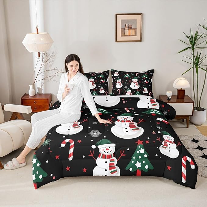 jejeloiu Kids Cute Winter Snowman Comforter Set Full Size Christmas Theme Bedding Set for Boys Girls Teens Xmas Candy Cane Snowflake Happy New Year Duvet Quilt Room Decor