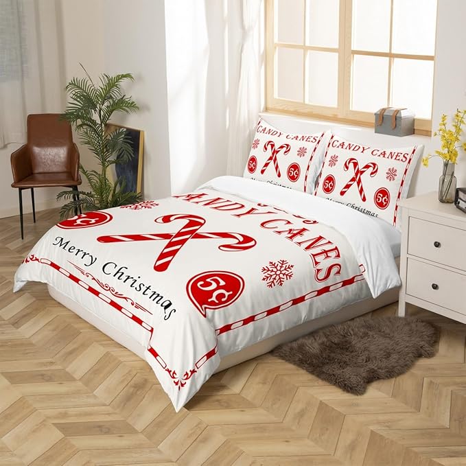 jejeloiu Christmas Bedding Set for Kids Boys Girls Christmas Quote Comforter Cover Set Queen Size Candy Canes Print Duvet Cover Bedroom Decor Xmas White Bedspread Cover Bedding Collection 3Pcs