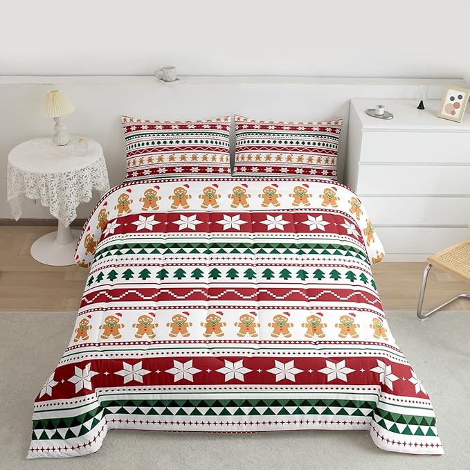 Feelyou Merry Christmas Bedding Set Soft for Boys Girls, Gingerbread Man Comforter Set Twin Size Duvet Quilt Microfiber Striped Bedroom Decor 2 Pcs with 1 Pillow Cases