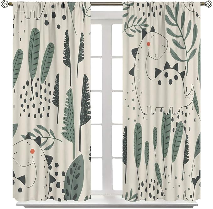 Funny Dinosaur Curtains, Jungle Cute Cartoon Animals Tropical Leaves Plant Beige Green Print Blackout Window Treatments for Kids Boys Girls Bedroom Living Room 42x54 Inch