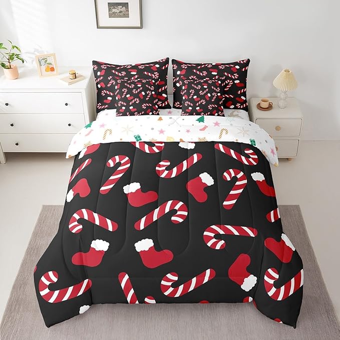 Merry Christmas Kids Bedding Set Xmas Theme Comforter Set with Sheets for Boys Girls Christmas Stockings Candy Decor Bed in a Bag Red Black Xmas Theme Bed Set 7Pcs King Size