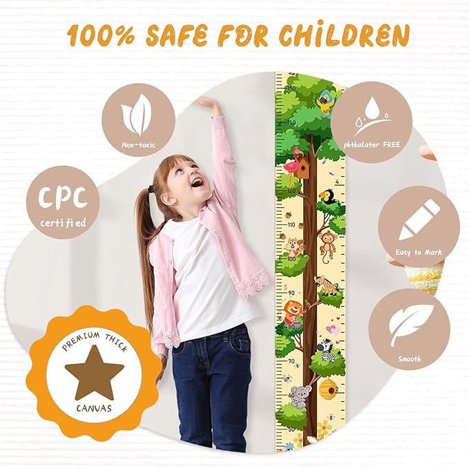 Personalized Name Growth Chart Wall Decor for Kids – Canvas Removable Height Chart Measuring Ruler 59" x 7.9" (Paint Big Trees and Animals)