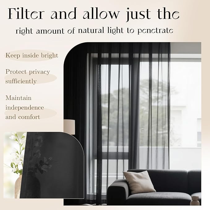 Dreaming Casa Black Sheer Curtains 96 Inches Long, Rod Pocket & Back Tab Light Filtering Textured Sheers for Living Room Bedroom, 2 Panels, Each 52" W x 96" L