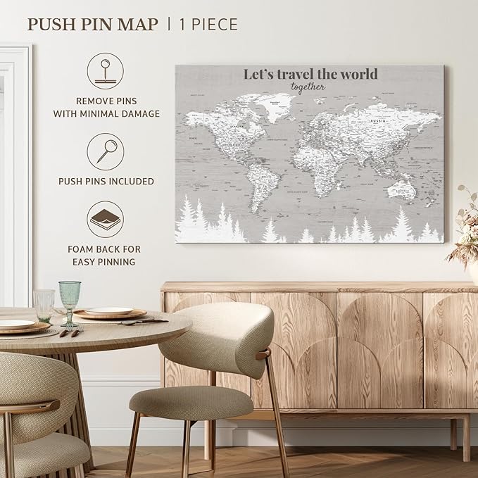 ElephantStock - Let's Travel II Push Pin World Map Wall Art - Horizontal Canvas Wall Art - Living Room Wall Decor - Digital Art Map Canvas Art - Gray And White Decor - 24" x 16"