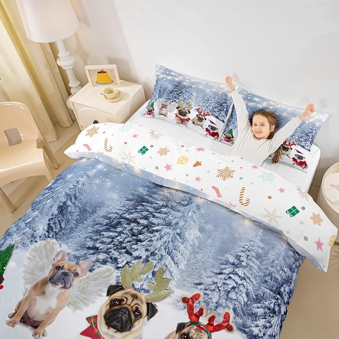Dog Xmas Duvet Cover Cute Pug Dog Christmas Tree Style Bedding Set 3D Animal Comforter Cover for Boys Girls Children Teens Bedroom Decor White Blue Bedspread Cover Twin Size With 1 Pillow Case