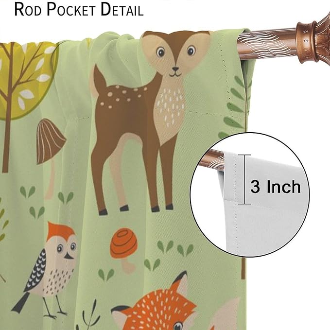 Cute Animals Curtains, Fox Bear Cartoon Wild Animals Blackout Window Treatments, Rod Pocket Thermal Insulated Drapes 2 Panel Sets for Kids Bedroom Nursery Classroom, 63" W X 72" L