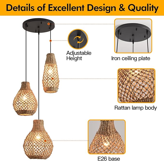 Rattan Pendant Light,3-Lights Hand Woven Chandelier,Boho Ceiling Hanging Light for Kitchen Island Dining Room, Bedroom Restaurant.