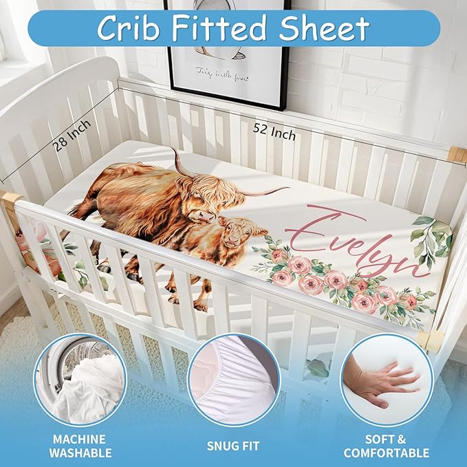 Custom Baby Crib Bedding Set, 5 Pcs Personalized Name Highland Cow Print Baby Crib Set, Double Layer Nursery Bedding Set for Baby Girls Boys, Ideal Gifts for Infant Toddler New Parents