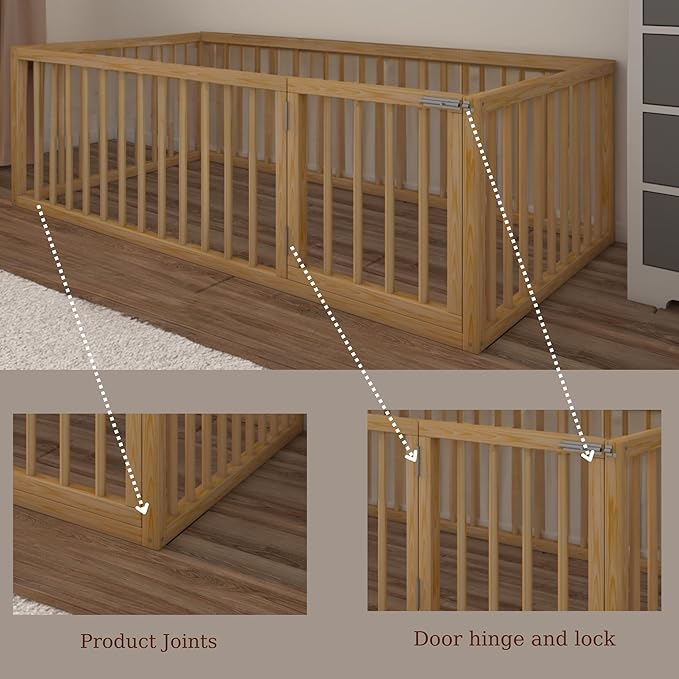 Montessori Floor Bed with Door On The Right Side for Toddler | Pine Wood Natural Solid Frame Beds | Sturdy Modern Design Floor Bed Frame for Boy and Girls (Full, Height: 23.6 Inches)