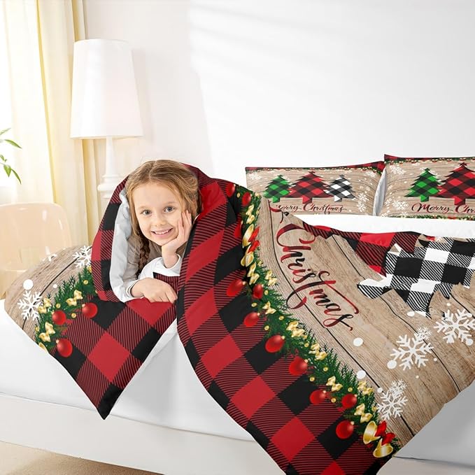 Manfei Plaid Tree Comforter Set Full Size, Wooden Stripe Print Bedding Set 3pcs for Kids Boys Girls Bedroom Decor, Christmas Theme New Year Quilt Set with 2 Pillowcases