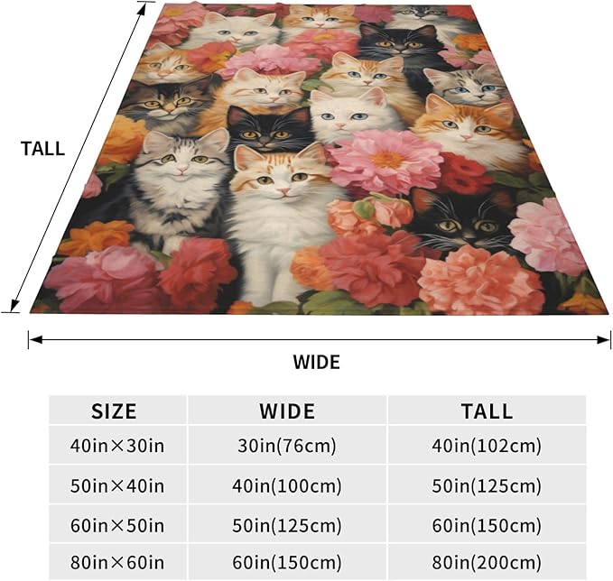 Cute Cat Blanket Gifts for Cat Lovers Girls Women Kitten Floral Flannel Throw Blankets for Home Couch Bed Sofa Soft Fuzzy Lightweight Decor All Season 50x40 Inches