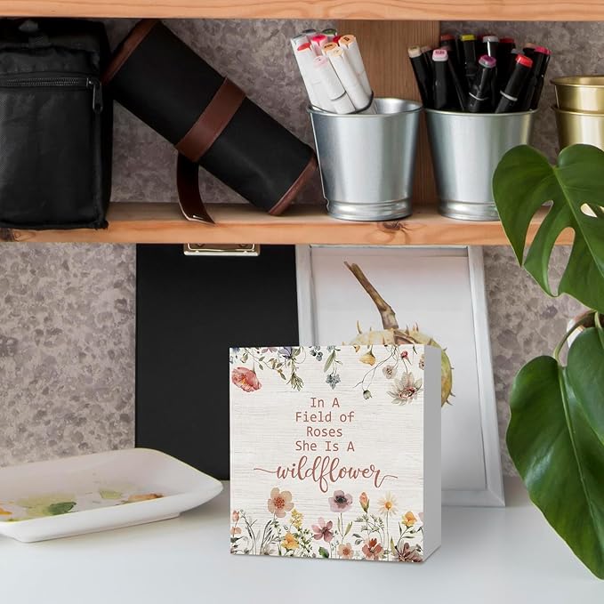 In a Field of Roses She Is a Wildflower Inspirational Wooden Sign Desk Decor, Wildflower Nursery Decorative Signs for Baby Girl Room, Inspirational Home Sign Shelf Desk Decor 5x5 Inch