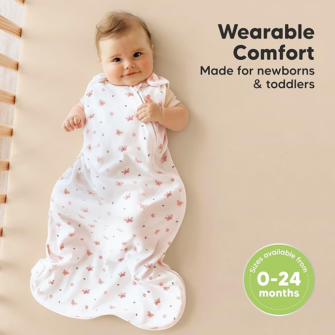 2-Pack Organic Baby Sleep Sacks, 100% Cotton - Soft & Breathable 0.5TOG Baby Wearable Blanket, Toddler Sleeping Sack 0-6 months, Easy to Wear Transitional Swaddles for Newborns (Butterflies, S)