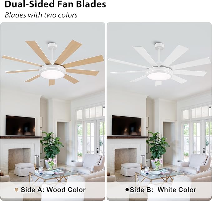 WINGBO 60" Ceiling Fan with Light - Large LED Dimmable Light, 6-Speed Remote Control, Reversible DC Motor, Modern Ceiling Fan 9 Blades for Bedroom, Living Room, Indoor Outdoor White and Oak