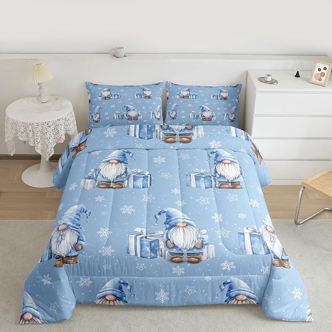 Feelyou Blue Christmas Comforter Set Queen Size Scandinavian Christmas Santa Gnomes Bedding Set for Kids Boys Girls Xmas Snowflake Duvet Quilt Bedroom Decor 3 Pcs with 2 Pillow Cases