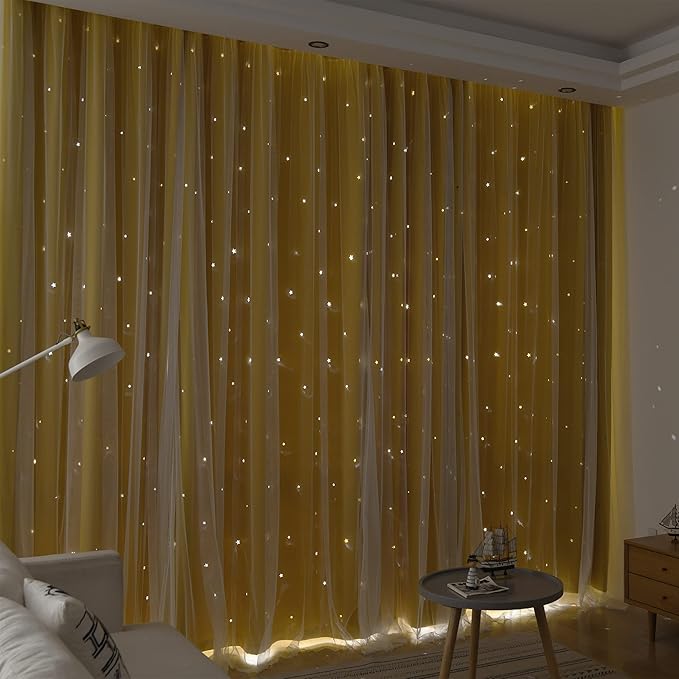 Kinryb Sheer Overlay Curtains for Girls Bedroom, 84 Inches Grey Double Layer Panles with Star Cutout for Kids Room (52 W x 84 L Inches,2 Pcs Yellow)