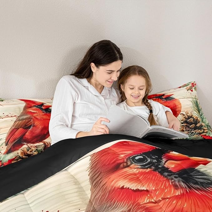jejeloiu Kids Red Cardinal Comforter Set Queen Size Christmas Theme Bedding Set for Boys Girls Teens Xmas Birds Winter Rustic Wood Plank Animal Duvet Quilt Room Decor