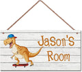 Personalized Signs Cute Dinosaur Sign For Kids Room,Playing skateboards, Custom Name Door Wall Decor For Boys Room Floral Nursery Art Plate For Girls Bedroom Little Man Cave