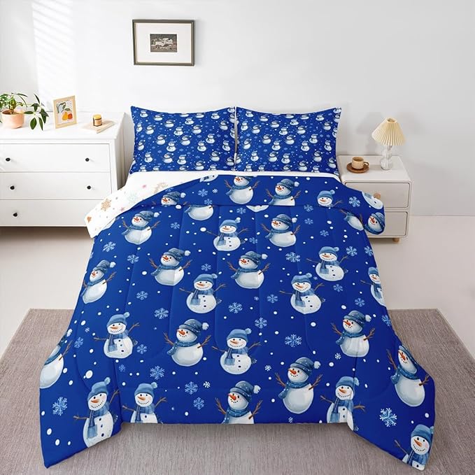 jejeloiu Kids Cute Winter Snowman Comforter Set Queen Size Blue Christmas Theme Bedding Set for Boys Girls Teens Xmas Snowflake Happy New Year Duvet Quilt Room Decor