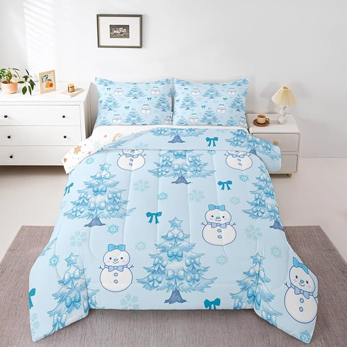 Feelyou Merry Christmas Comforter Set Full Size Cute Snowman Bedding Set for Kids Boys Girls Cartoon Bowknot Duvet Quilt Christmas Tree Microfiber 3 Pcs with 2 Pillow Cases