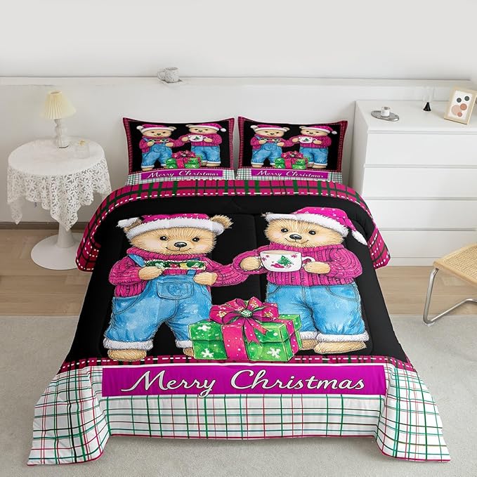 Feelyou Merry Christmas Kids Comforter Set Twin Size Cute Bear Bedding Set Duvet Quilt for Kids Boys Girls Bedroom Winter Decor Microfiber Ultra Soft Breathable