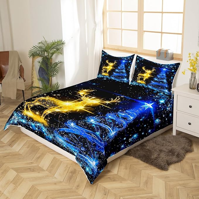 Christmas Duvet Cover Set Full Size Gold Reindeer Bedding Set 3pcs for Kids Boys Girls Room Decor Blue Christmas Tree Comforter Cover Western New Year Theme Quilt Cover with 2 Pillowcases,No Comforter