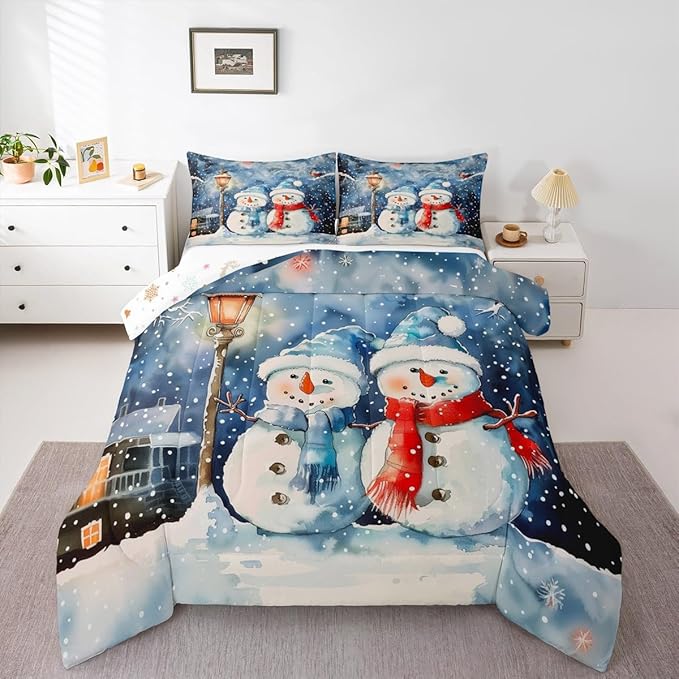 Feelyou Christmas Kids Comforter Set King Size Blue Watercolor Snowman Bedding Set Xmas Winter Duvet Quilt for Kids Boys Girls Bedroom Snowflake Decor Microfiber Ultra Soft Breathable