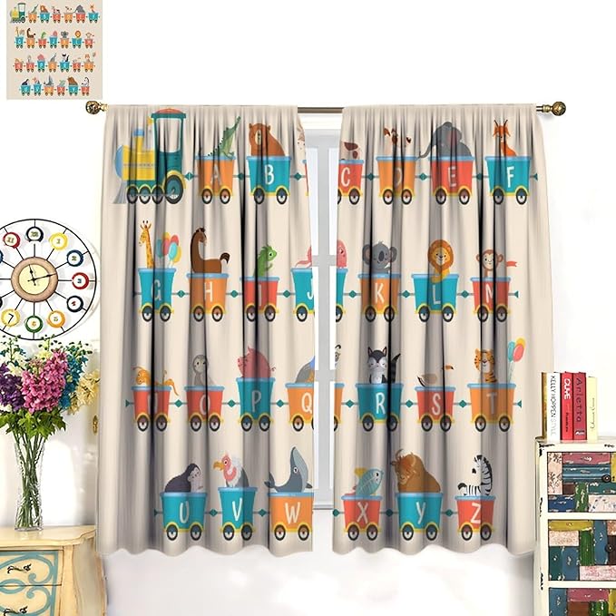 Kids Alphabet Curtains Funny Trains Letter Education School Cute Cartoon Animal Printed Curtain with Rod Pocket for Bedroom Living Room Drapes Window Treatments 2 Panels Set 42" W X 54" L