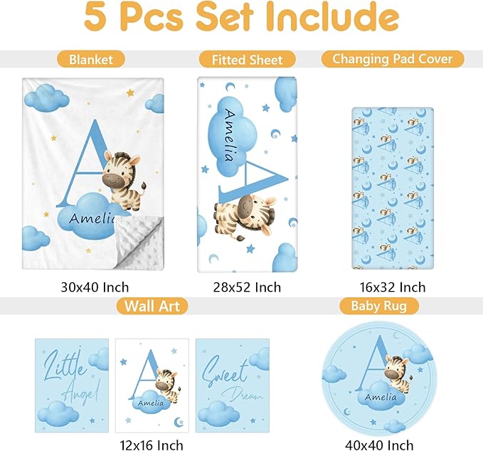 5 Piece Customized Crib Bedding Set for Baby Boys - Custom Name Baby Crib Blue Zebra Nursery Bedding Set with Fitted Sheet, Soft Blanket, Rug, Personalized Gifts for Newborn, Toddler, Infant