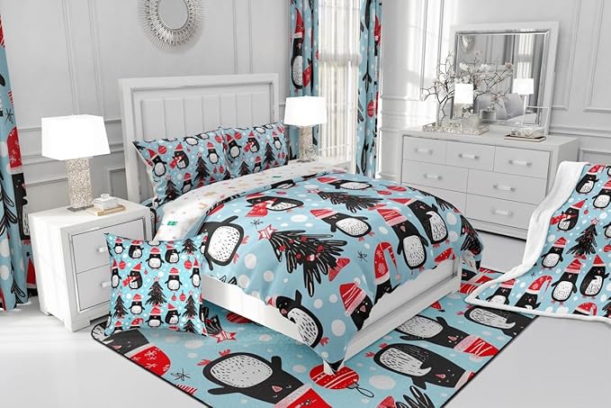 Feelyou Christmas Comforter Set All Season Penguin Bedding Set with 1 Pillow Cases Xmas Tree Microfiber Kids Twin Bedclothes Christmas Balls Bedroom Decor Duvet Quilt Breathable Soft Lightweight