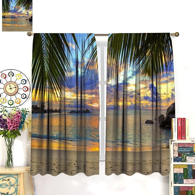 Ocean Beach Curtains,Sunset on Beach in The Evening Hawaiian Seaside Scene Pattern Blackout Print Home Bedroom Living Room Window Treatments 2 Panel Set 63x63 Inch