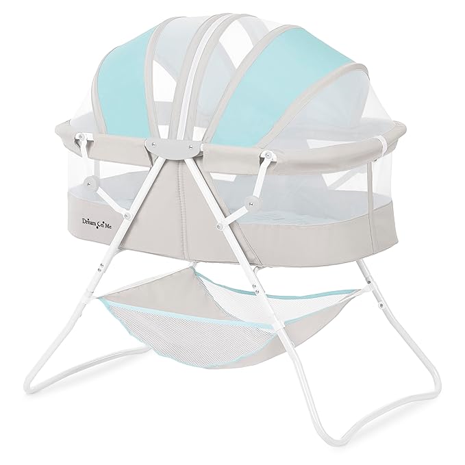 Dream On Me Karley Bassinet, Award Winner Lightweight Travel Baby Bassinet, Foldable Bedside Sleeper, Adjustable Double Canopy, Spacious Design, Soft Fabric, Storage Basket – Blue and Grey