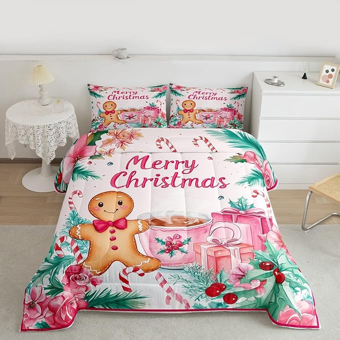 Feelyou Gingerbread Man Kids Comforter Set Queen Size Merry Christmas Bedding Set Christmas Decor Duvet Quilt for Kids Boys Girls Bedroom Xmas Decor Microfiber Ultra Soft Breathable