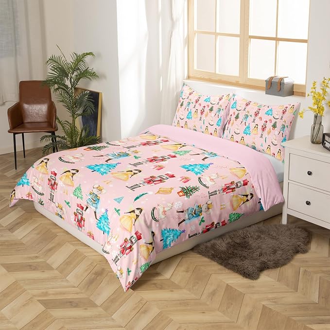 Christmas Nutcracker Decorative Comforter Cover King Size Cartoon Mouse Soldier Royal Guarder Princess Duvet Cover Xmas Pine Tree Snowflake Bedding Set Gifts for Kids Boys Girls 2 Pillow Cases Pink
