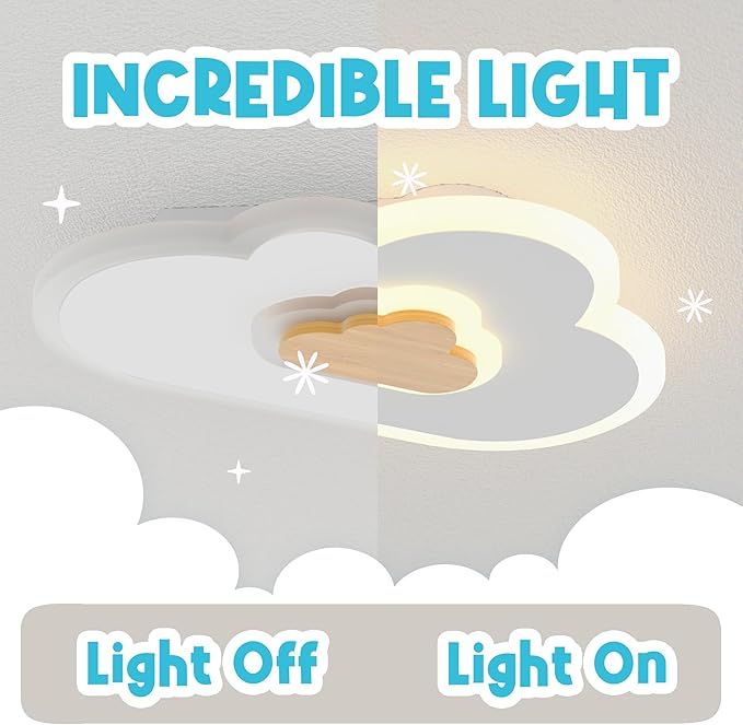 LED Ceiling Light Fixture 23.7in Dimmable Children Cloud Lights for Ceiling with Remote Control 36W Creative Wooden Bedroom Ceiling Light for Kids Room Bedroom Living Room