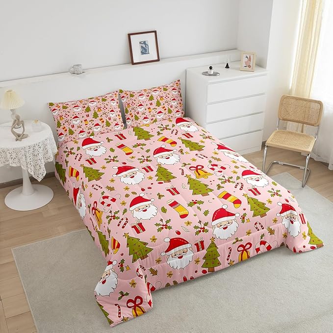 Feelyou Christmas Bedding Set for Kids Boys Girls Full Size Cute Santa Claus Comforter Set Ultra Soft Comforter Xmas Tree Duvet Quilt Bedroom Decor Berries Pattern Printed Quilt