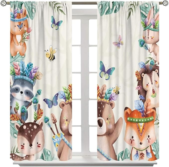 Jungle Safari Curtains, Cute Cartoon Forest Animals Pattern Blackout Window Treatments, Rod Pocket Thermal Insulated Drapes 2 Panel Sets for Children Boys Bedroom Nursery Classroom, 52" W X 84" L
