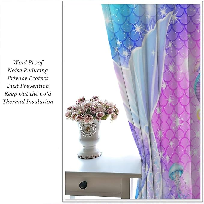 Kids Fantasy Mermaid Curtains Dream Colorful Mermaid Fish Tail Scale Fantasy Ocean Theme Window Treatment for Girls Bedroom Nursery Room Decor Window Drapes 42" W X 54" L