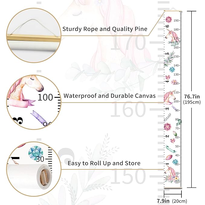 Personalized Growth Chart for Kids, Baby Height Chart with Custom Name, 77"x7.9" Canvas and Beige Wood Height Measuring Rulers for Boys Girls Removable Wall Ruler Hanging for Nursery Decor - Unicorn
