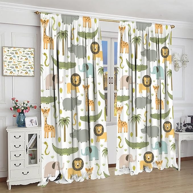 Nursery Safari Animals Window Curtains,Cartoon Woodland Jungle Forest Lion Elephant Giraffe Printed Pattern Blackout Drapes for Living Room Baby Boy Kids Bedroom 84x84in