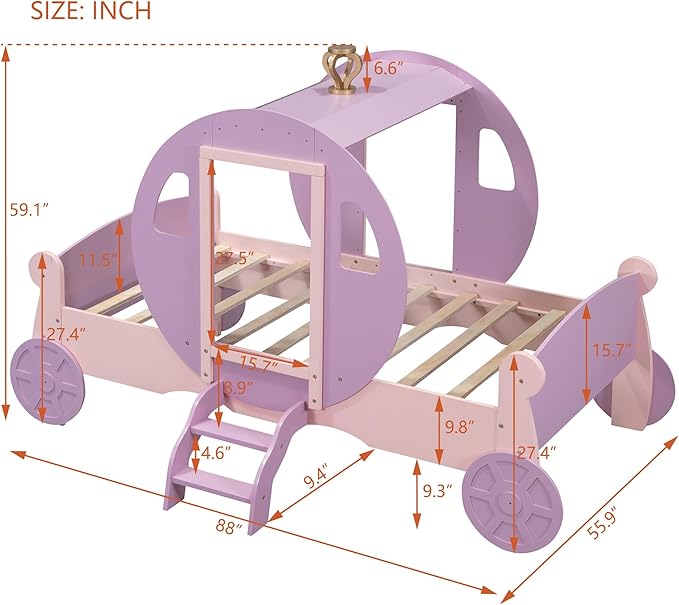 Cute Twin size Princess Carriage Bed with Crown and Stair, Solid Wood Car Bed Frame with 2 Doors, Headboard and Footboard, Safety Wood Slats for Kids Boys Girls Teens Adults (Purple+Pink-s18)