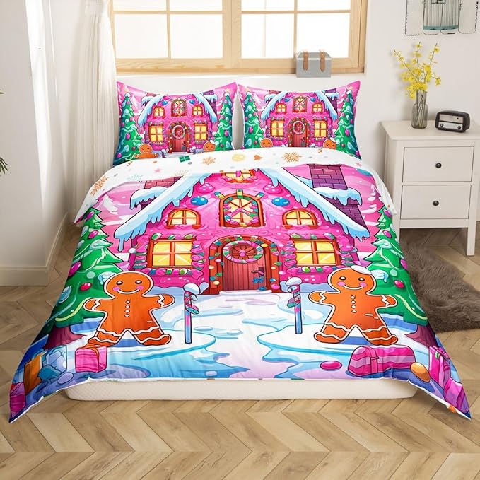 Feelyou Merry Christmas Comforter Cover Set Gingerbread Man Bedding Set Queen Size for Kids Boys Girls Bedroom Bed Decor Christmas Duvet Cover Set Soft Quilt Cover,No Comforter