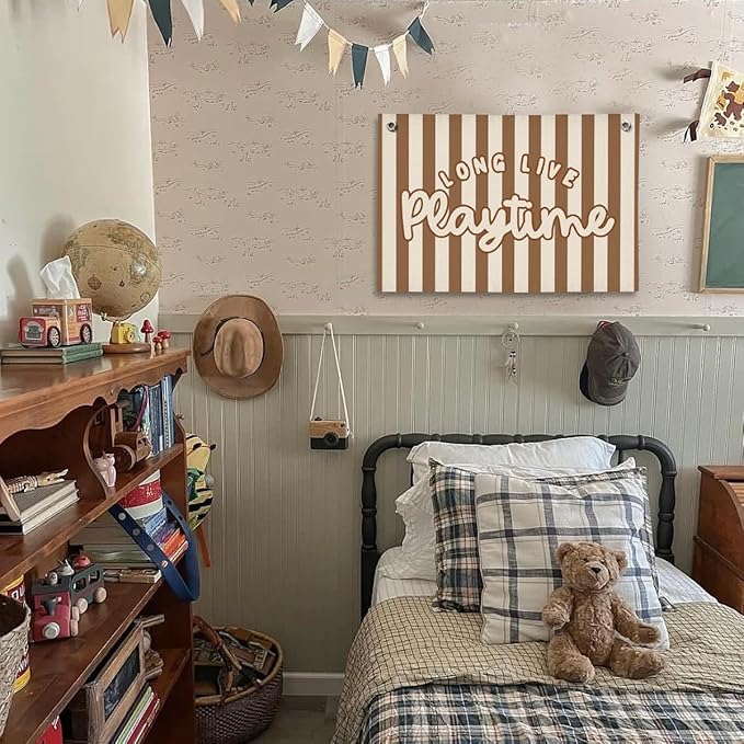 Playroom Decor for Boy, Long Live Playtime Wall Hanging Linen Banner, Blue Striped Wall Flag for Kids Room Nursery Playroom Decor, 20x30 Inch-Brown